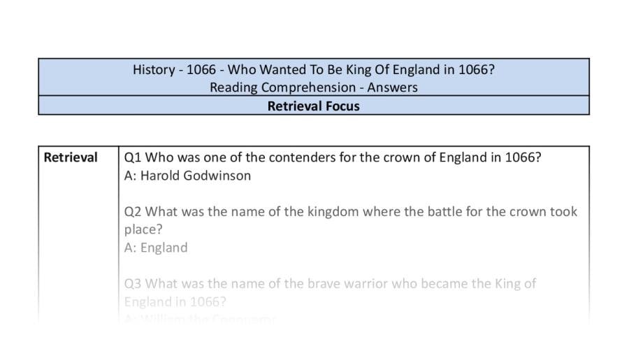 Reading Comprehension - Who Wanted To Be King Of England in 1066 - Retrieval Focus