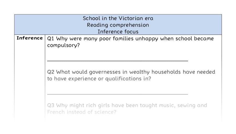 Reading comprehension - inference - School in the Victorian era