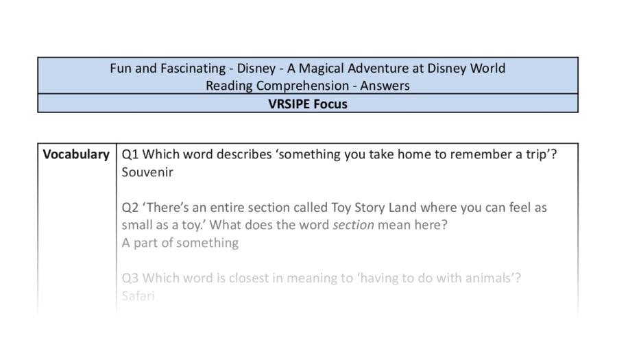 Reading Comprehension - A Magical Adventure at Disney World - VRSIPE Focus