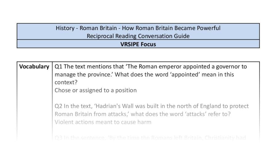 Reciprocal Reading Conversation - How Roman Britain Became Powerful - VRSIPE Focus UKS2