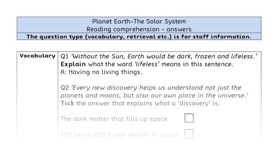 Reading comprehension VRSIPE - The Solar System - answers