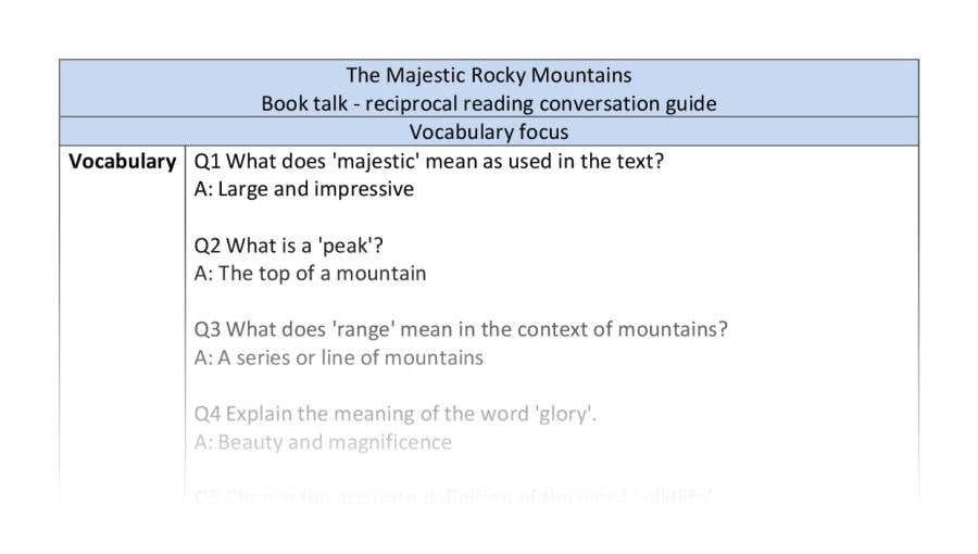 Reciprocal reading - The Majestic Rocky Mountains - vocabulary