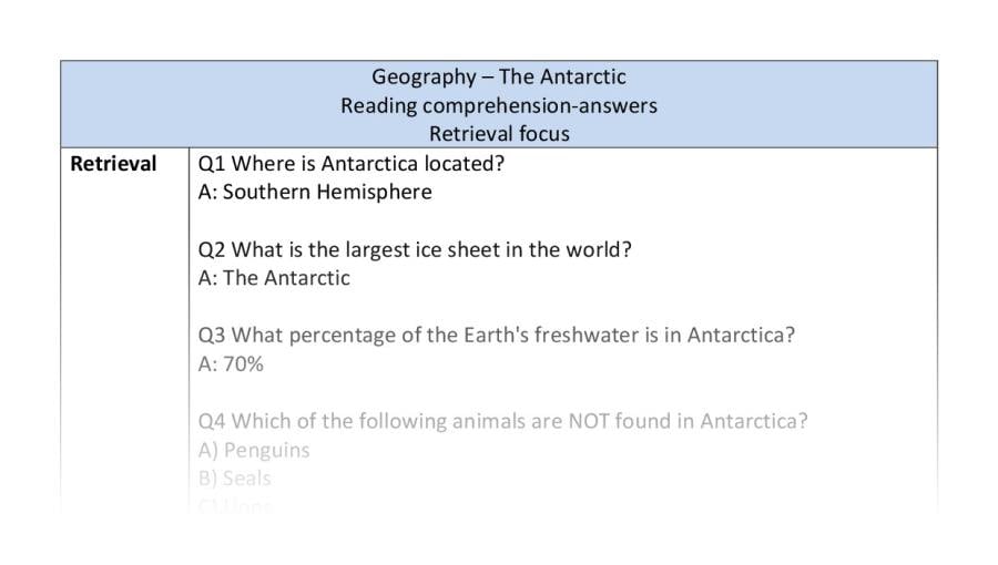 Reading comprehension - retrieval - The Antarctic