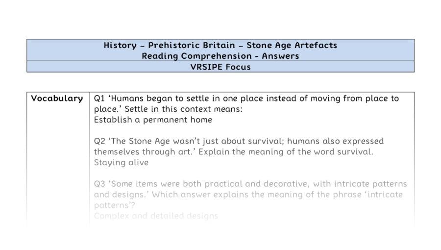 Reading Comprehension - Stone Age Artefacts - VRSIPE Focus