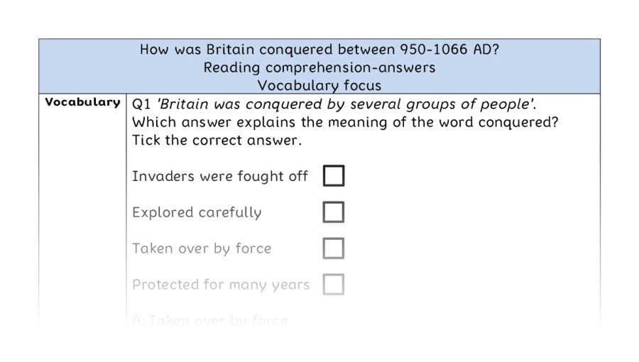 Reading comprehension - vocabulary - How was Britain conquered between 950-1066 AD - answers