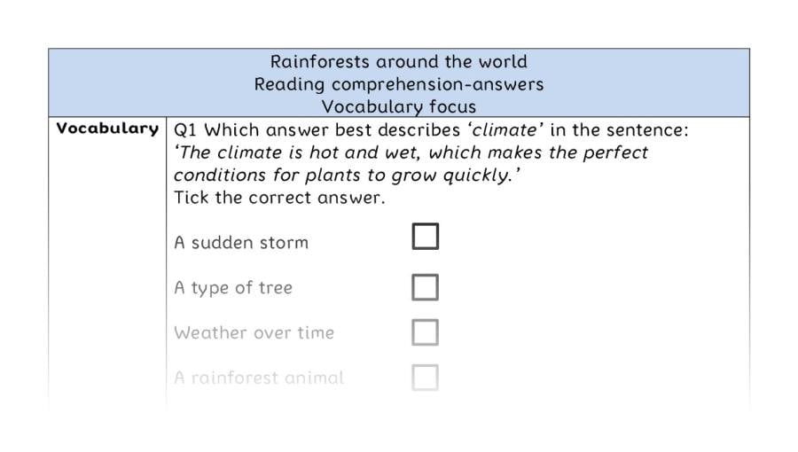 Reading comprehension - vocabulary - Rainforests around the world - answers