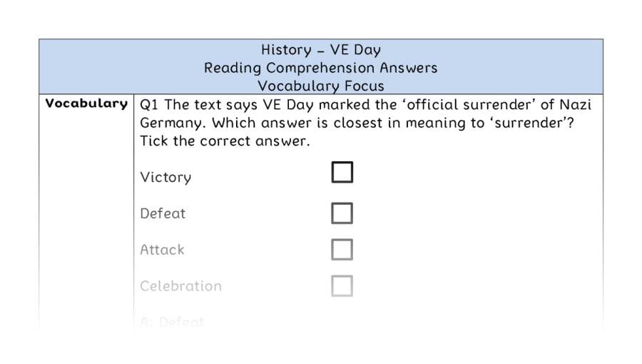 VE Day - Reading Comprehension Answers - Vocabulary Focus