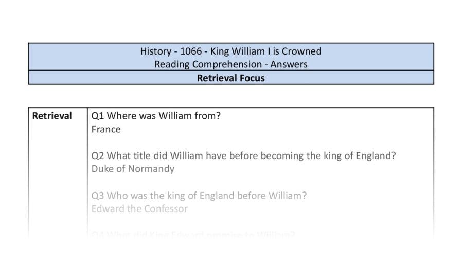 Reading Comprehension - King William I is Crowned - Retrieval Focus