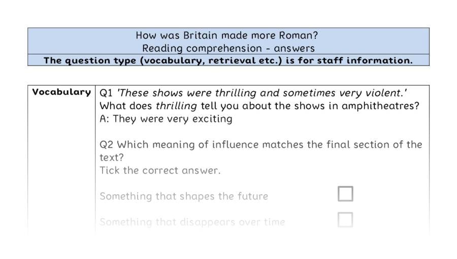 Reading comprehension VRSIPE - How was Britain made more Roman - answers