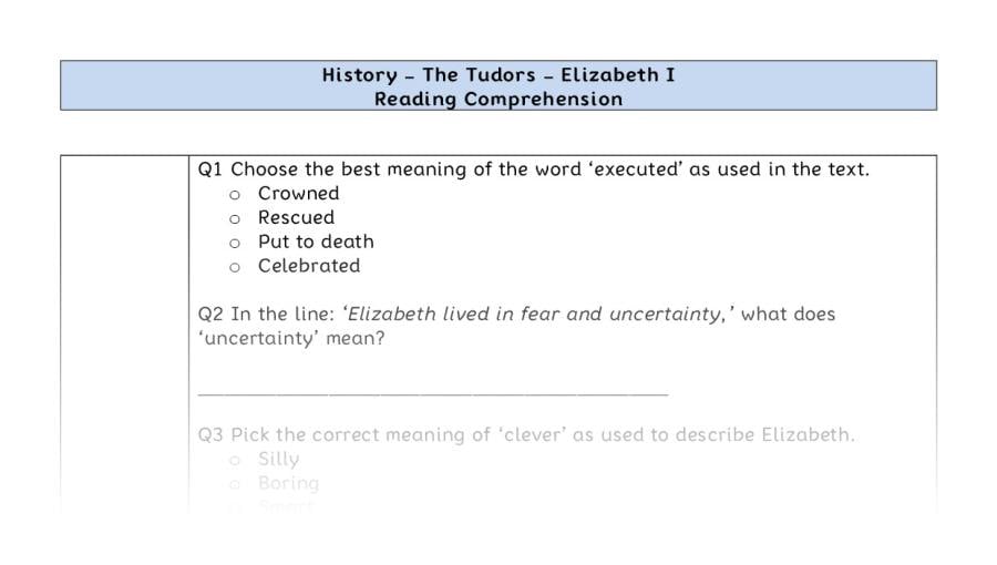 Reading comprehension - Elizabeth I - vocabulary