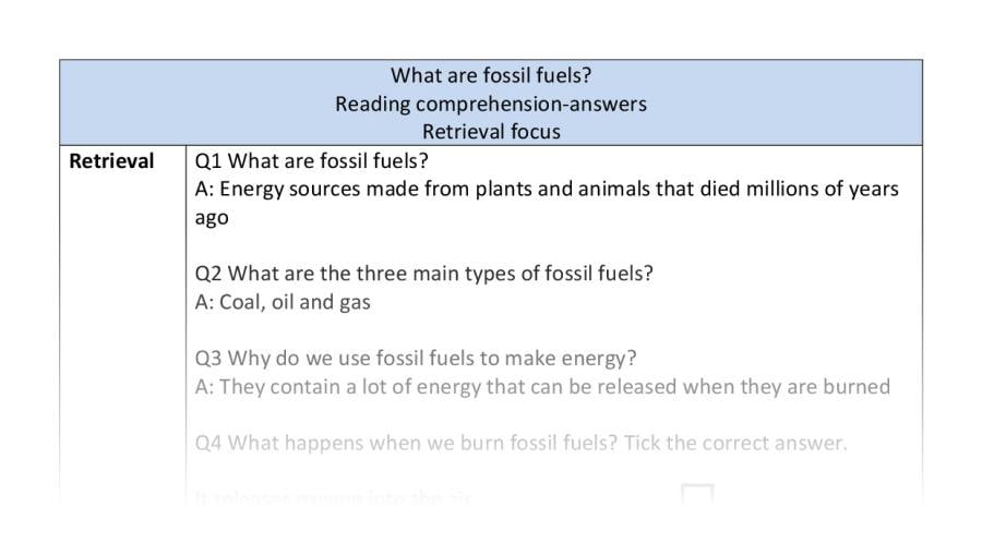 Reading comprehension - retrieval - What are fossil fuels - answers