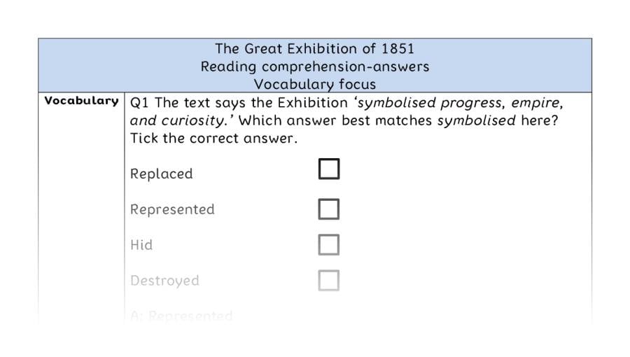 Reading comprehension - vocabulary - The Great Exhibition of 1851 - answers