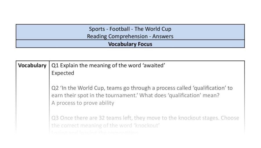 Reading Comprehension - The World Cup - Vocabulary Focus-answers