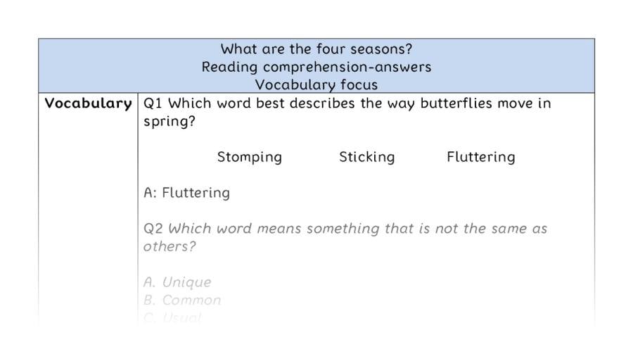 Reading comprehension - vocabulary - What are the four seasons - answers