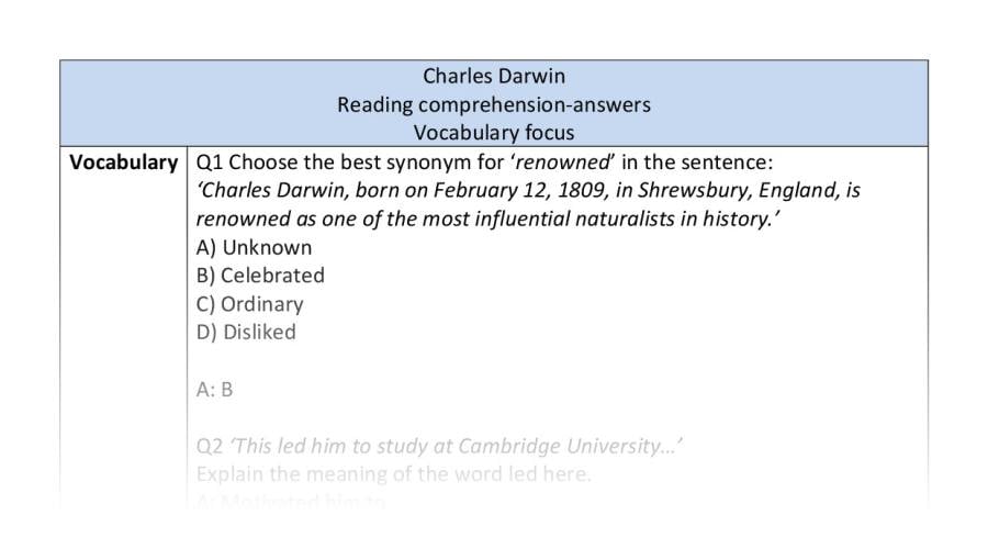 Reading comprehension - vocabulary - Charles Darwin - answers