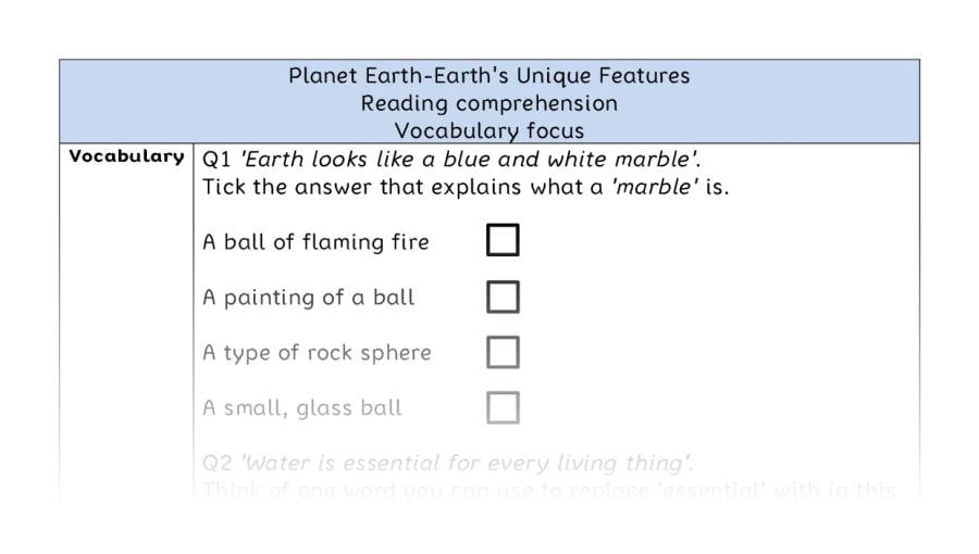 Reading comprehension - vocabulary - Planet Earth-Earths Unique Features