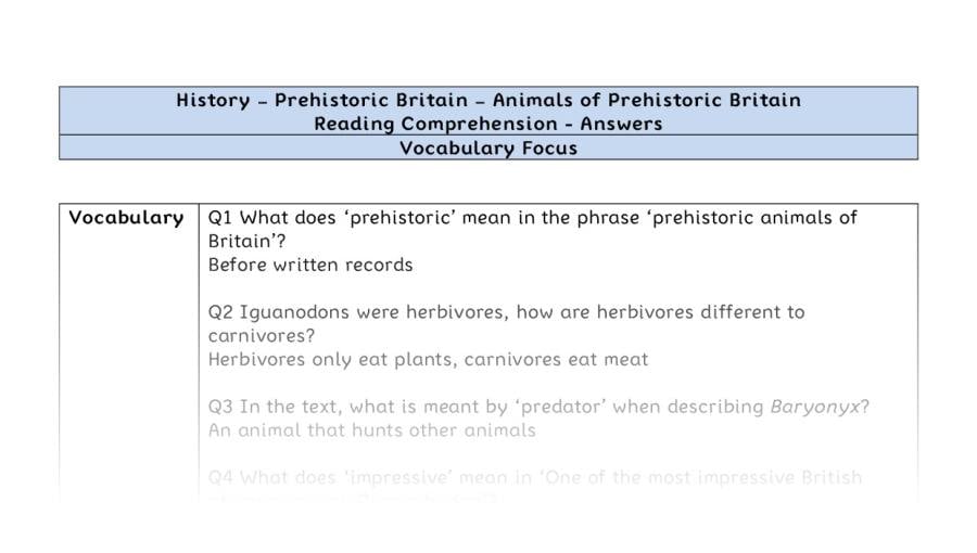 Reading Comprehension - Animals of Prehistoric Britain - Vocabulary Focus