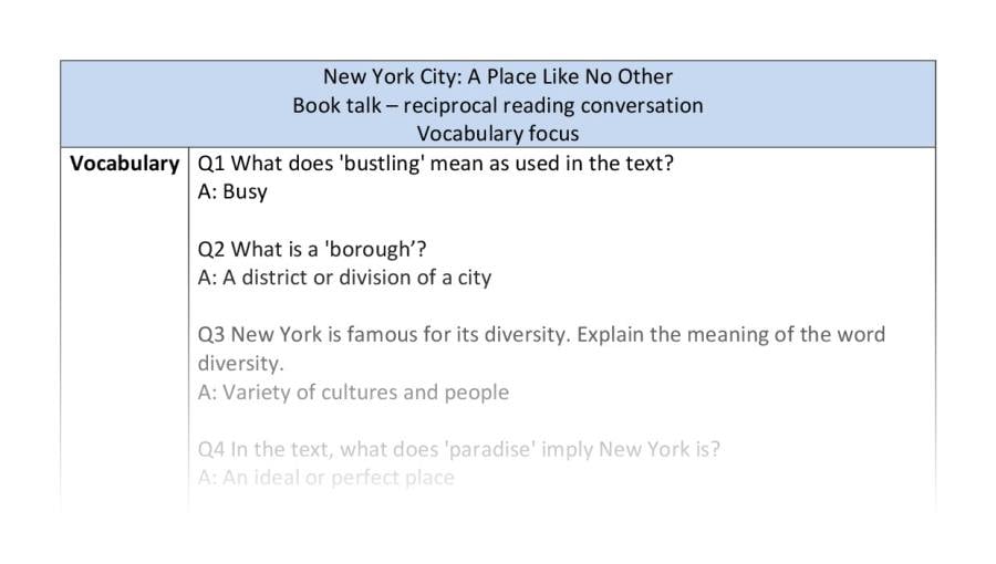 Reciprocal reading - vocabulary - New York