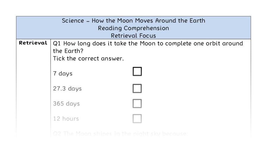 How the Moon Moves Around the Earth - Reading Comprehension - Retrieval Focus