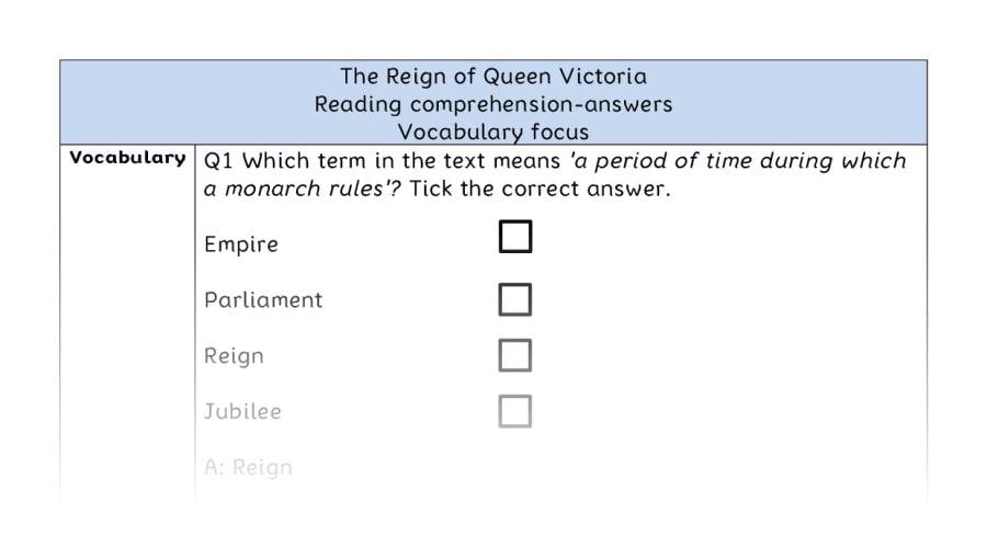 Reading comprehension - vocabulary - The Reign of Queen Victoria - answers
