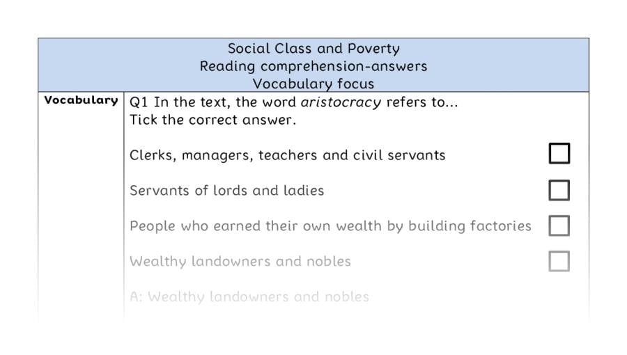 Reading comprehension - vocabulary - Social Class and Poverty - answers