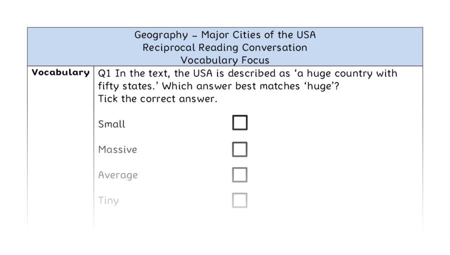 Major Cities of the USA - Reciprocal Reading Conversation - Vocabulary Focus