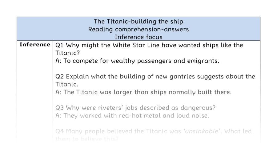 Reading comprehension - inference - The Titanic-building the ship - answers