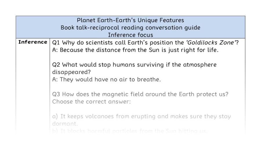 Reciprocal reading - inference - Planet Earth-Earths Unique Features