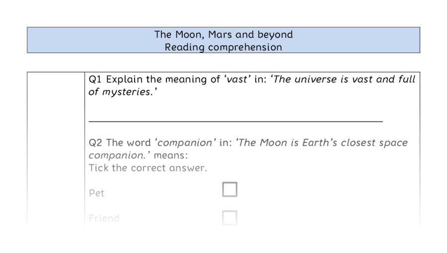 Reading comprehension - VRSIPE - The Moon, Mars and beyond