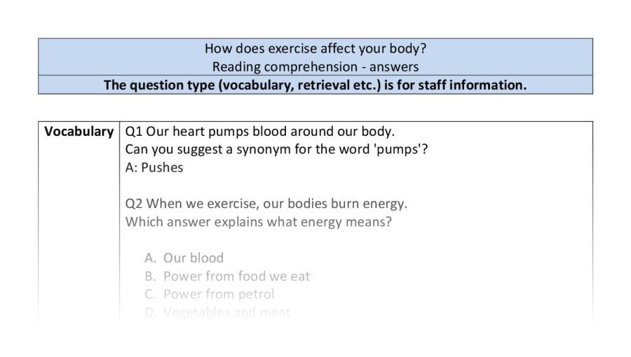 Reading comprehension - VRSIPE - How does exercise affect your body - answers