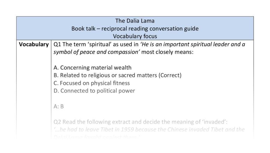 Reciprocal reading - vocabulary - The Dalia Lama