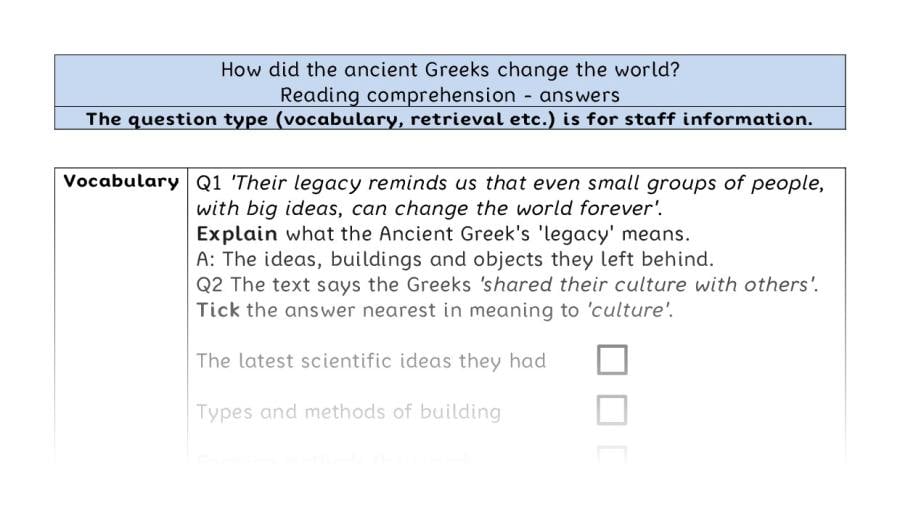 Reading comprehension - VRSIPE-How did the ancient Greeks change the world - answers