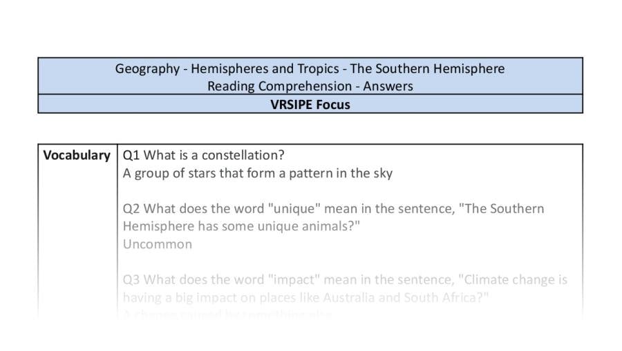 Reading Comprehension - The Southern Hemisphere - VRSIPE Focus