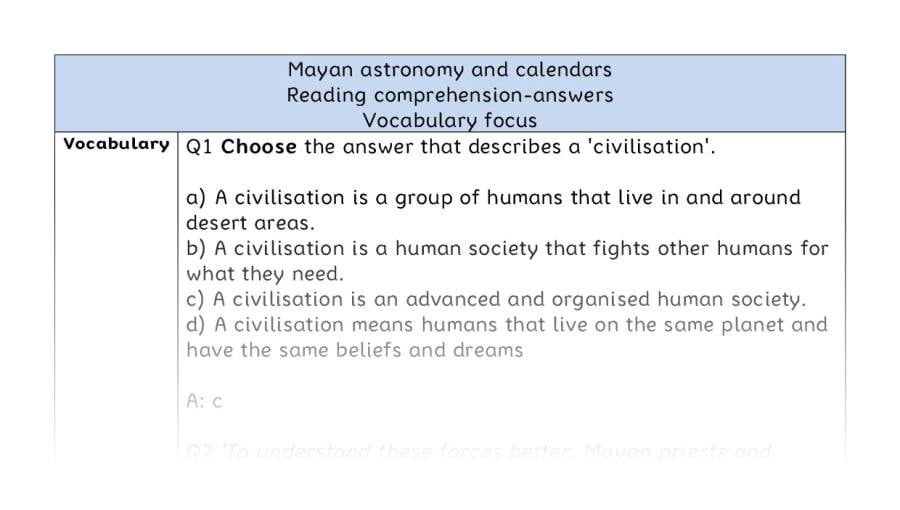Reading comprehension - vocabulary - Mayan astronomy and calendars - answers