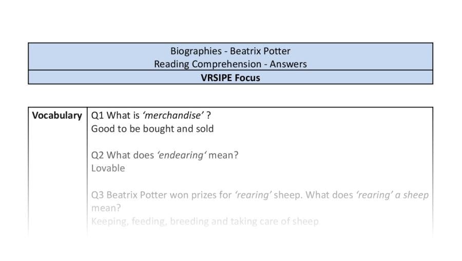 Reading Comprehension - Beatrix Potter - Highlight Series 2 - VRSIPE Focus 1