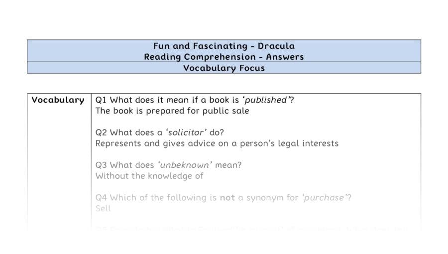 Reading Comprehension - Dracula - UKS2 - Vocabulary Focus