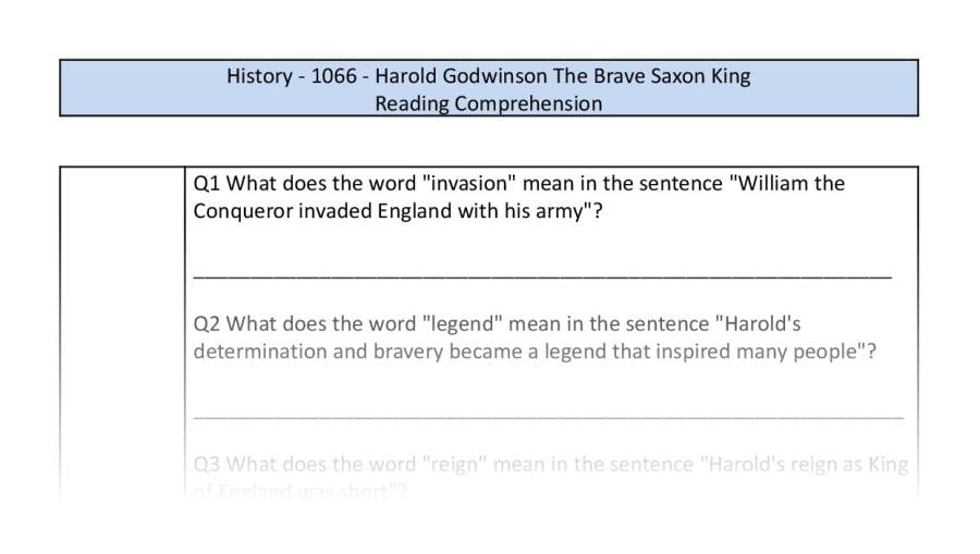 Reading Comprehension-Harold Godwinson The Brave Saxon King-VRSIPE