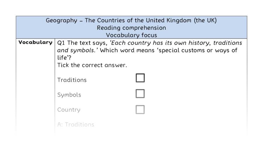 The Countries of the UK - Reading Comprehension Answers - Vocabulary Focus