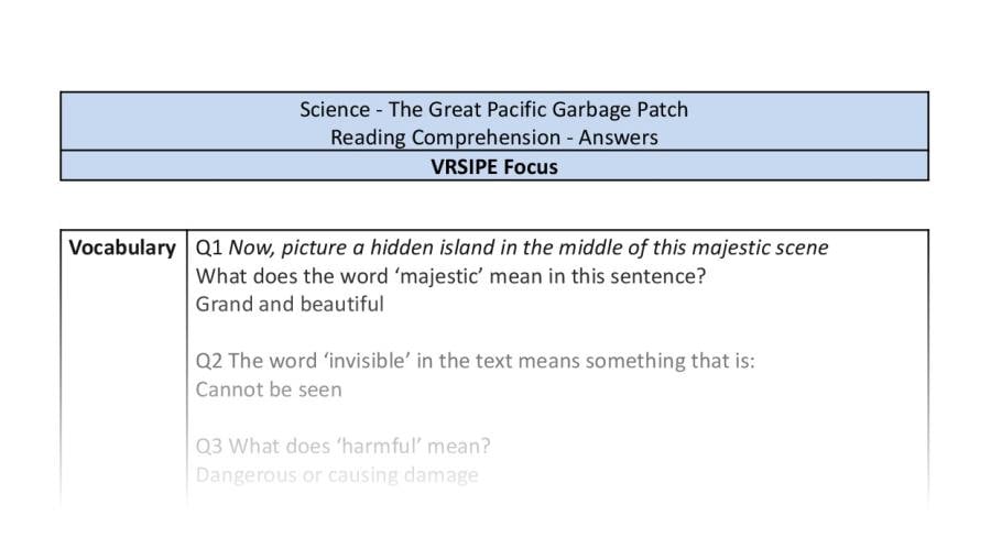 Reading Comprehension - The Great Pacific Garbage Patch - VRSIPE Focus