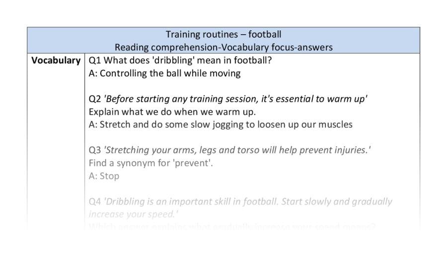 Reading comprehension - vocabulary - Training routines - football