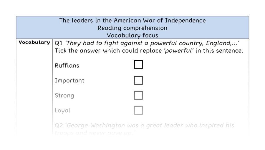 Reading comp- vocab - The leaders in the American War of Independence