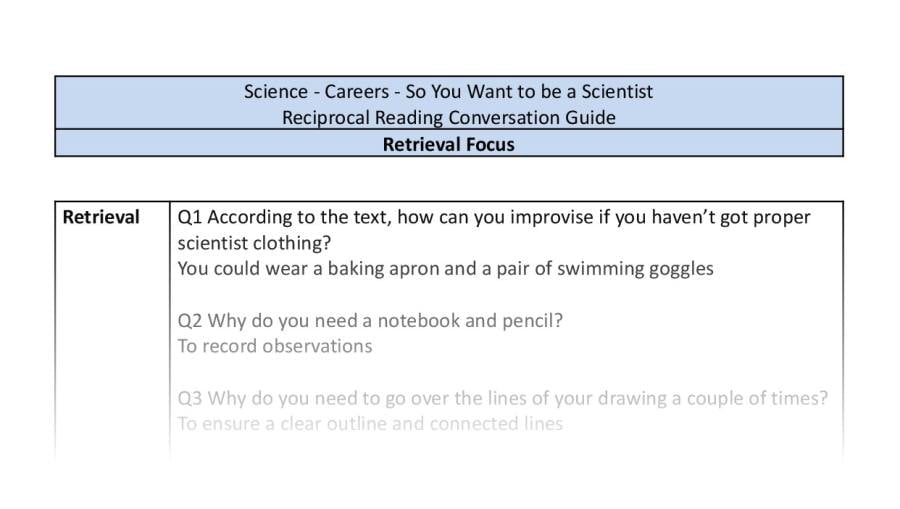 Reciprocal Reading Conversation - So You Want to be a Scientist - UKS2 - Retrieval Focus