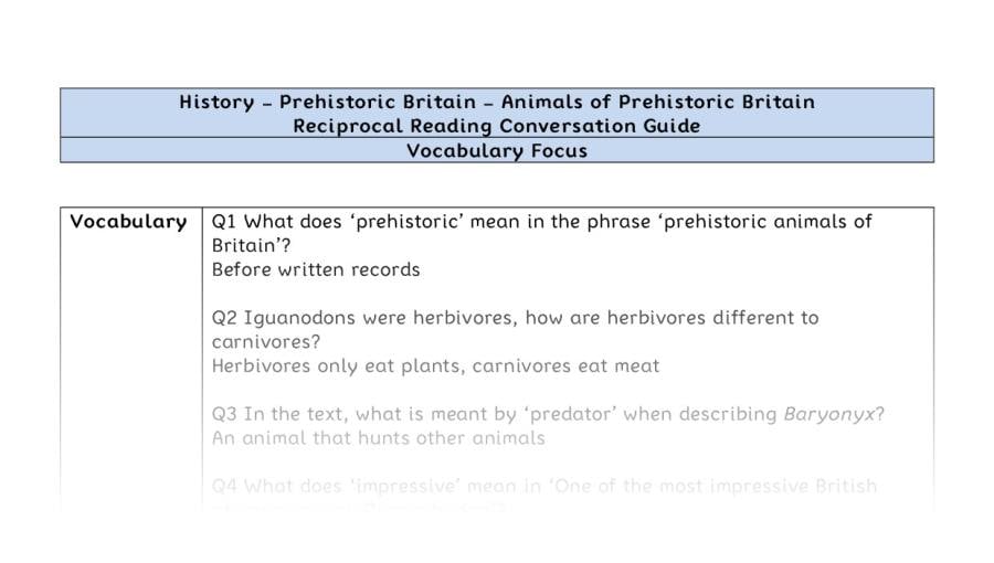 Reciprocal Reading Conversation - Animals of Prehistoric Britain - Vocabulary Focus