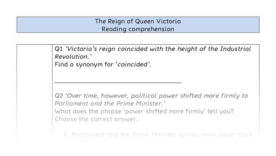 Reading comprehension - VRSIPE - The Reign of Queen Victoria