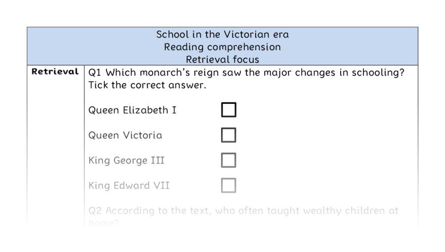 Reading comprehension - retrieval - School in the Victorian era