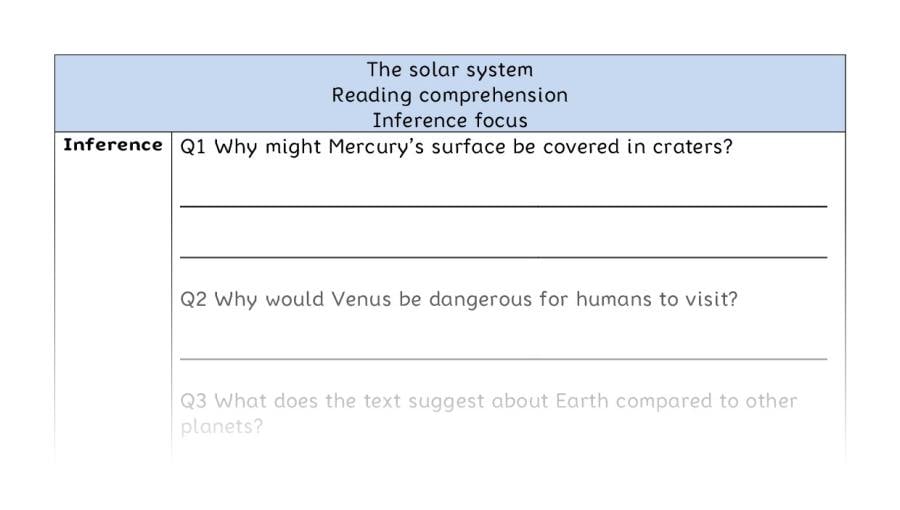 Reading comprehension - inference - The solar system