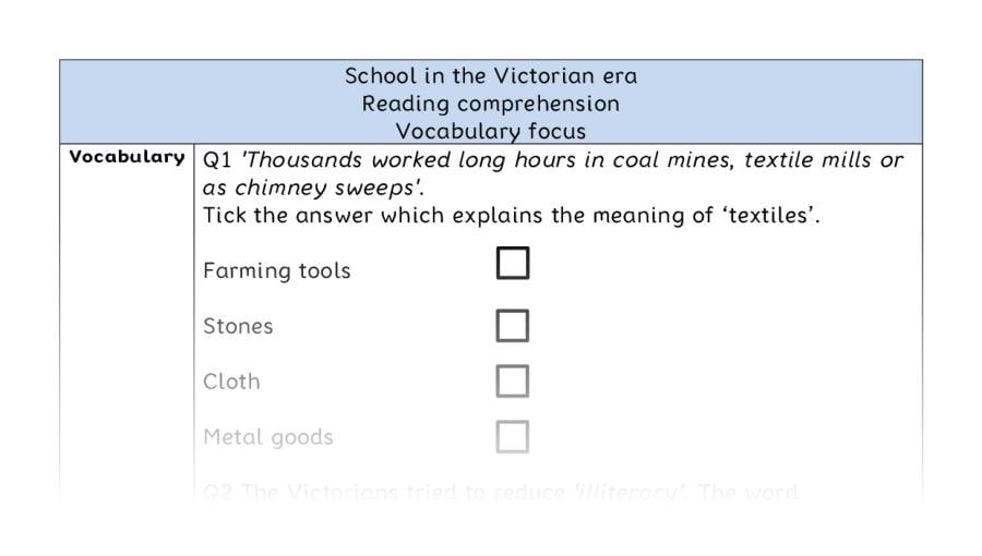 Reading comprehension - vocabulary - School in the Victorian era