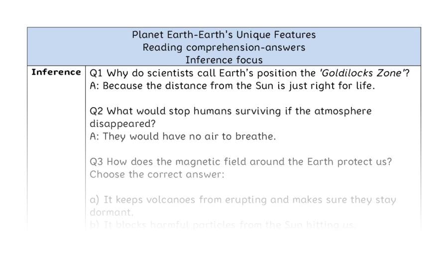 Reading comprehension - inference - Planet Earth-Earths Unique Features - answers