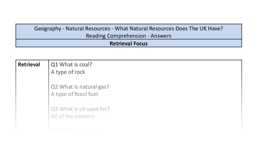 Reading Comprehension - What Natural Resources Does The UK Have - Retrieval Focus