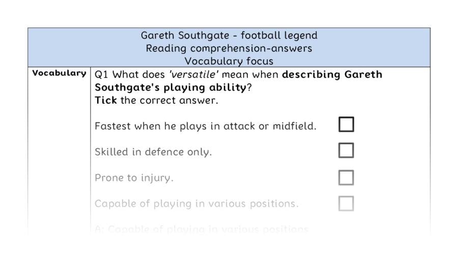 Reading comprehension - vocabulary - Gareth Southgate - football legend - answers